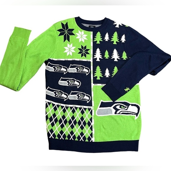 New NFL SEATTLE SEAHAWKS Unisex Busy Block Ugly Christmas Sweater Men's Large - Picture 1 of 10